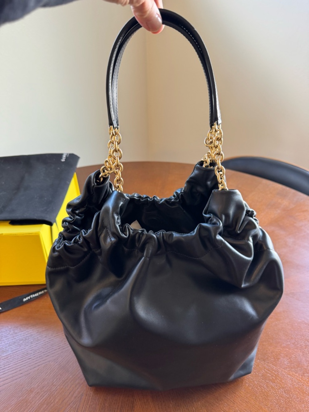 DeMellier Black Ruched Leather Shoulder Bag with Gold Chain Handles